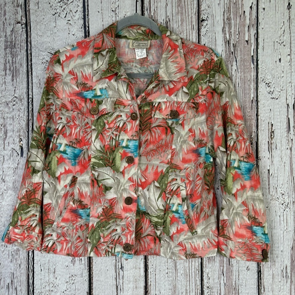 Vintage‎ 90s Company Collection 8P Tropical Print Lightweight Linen Blend Jacket